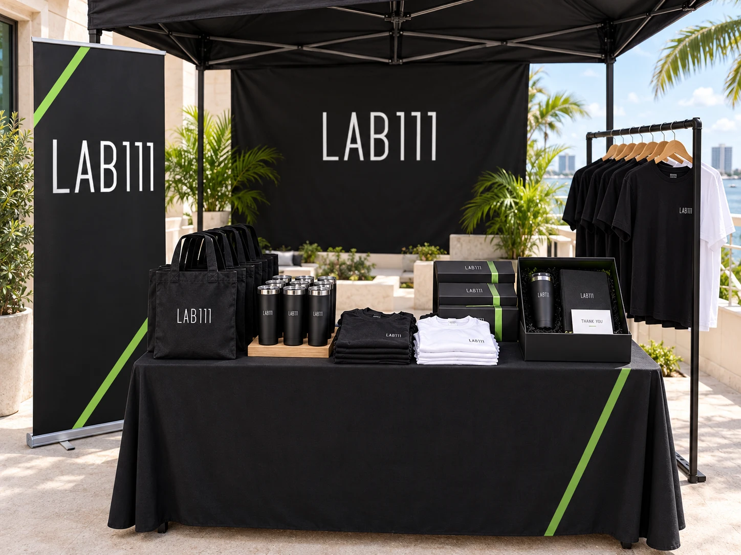 Lab 111 event-branding concept with banners, a branded canopy, T-shirts, totes, drinkware and client gift sets.